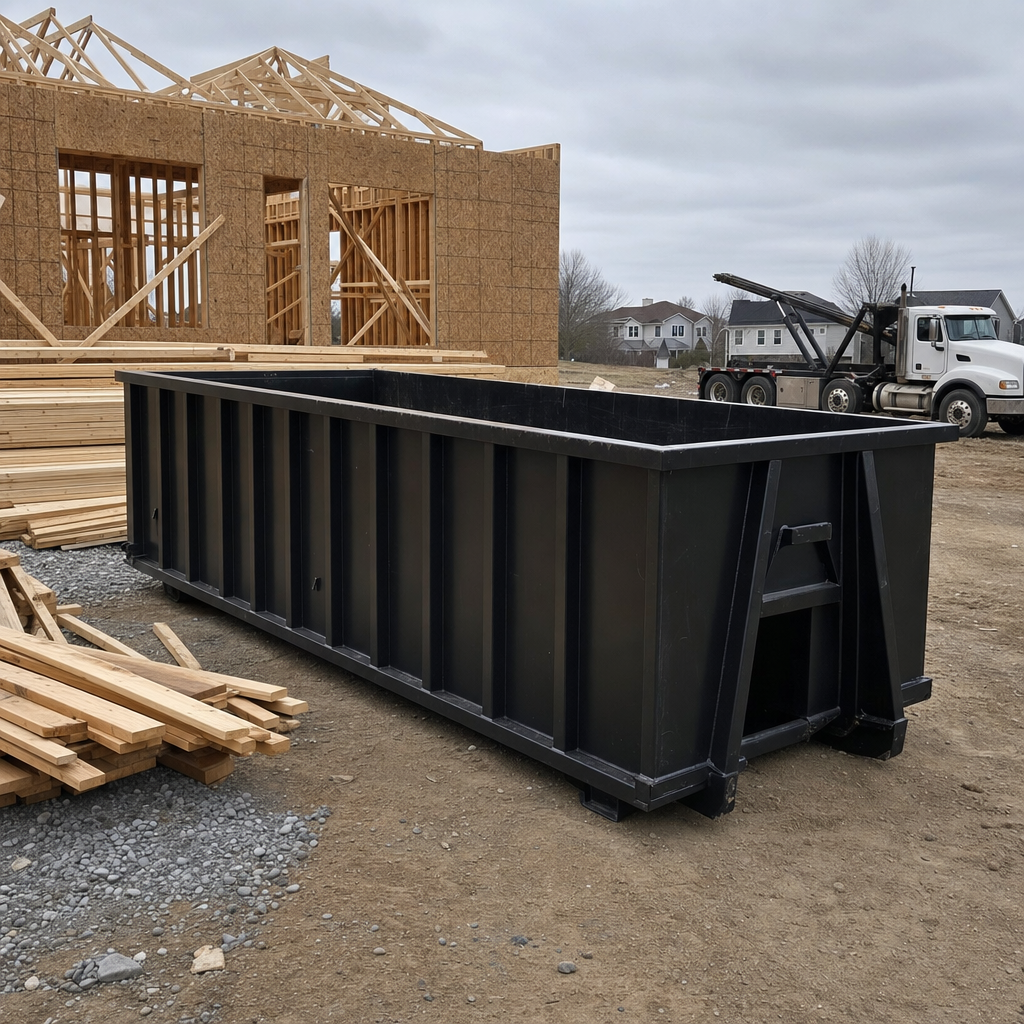 Matte-black 40-yard roll-off dumpster staged on a framed-out residential construction site in Pepperell, framing lumber stacked nearby, hooklift delivery truck visible in the background under bright Colorado daylight