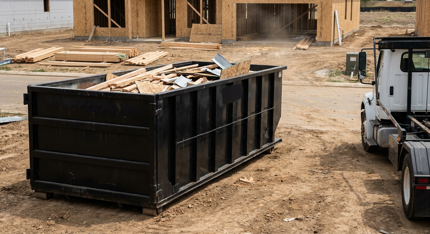Matte-black 20-yard roll-off construction dumpster with heavy ribbed steel sidewalls and swing rear doors at a working jobsite in Pepperell, sitting directly on compacted dirt with an unmarked white hauler partially visible at the far edge of the frame.