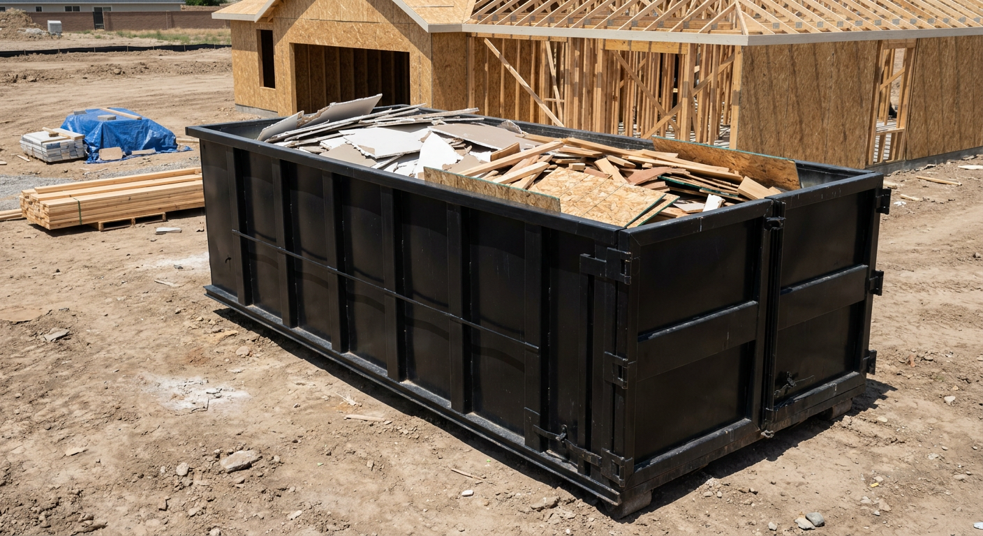 Matte-black 30-yard roll-off construction dumpster sitting directly on the compacted-dirt site of a framed single-family home build in Pepperell, drywall and lumber scrap loaded inside.