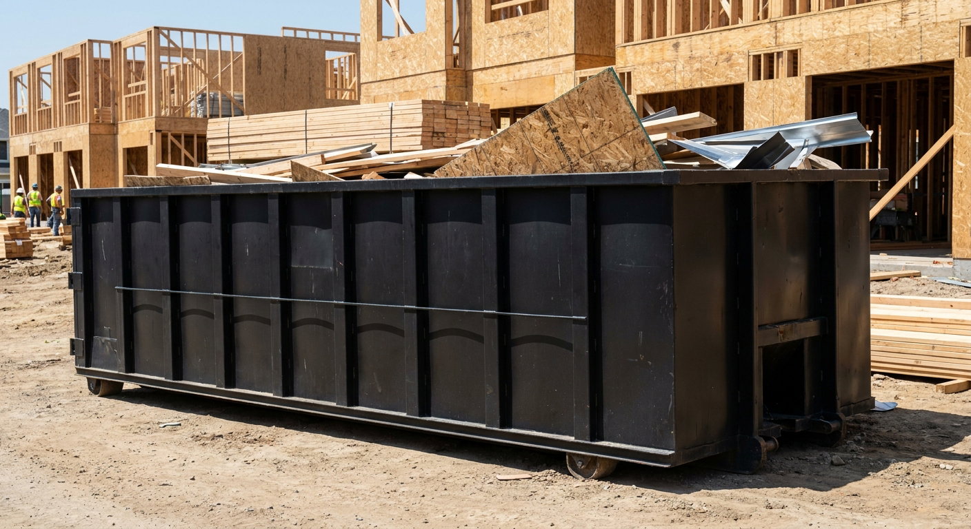 Matte-black 40-yard roll-off construction dumpster being lowered from a white-cab hooklift delivery truck onto the compacted-dirt jobsite at a commercial build site in Pepperell