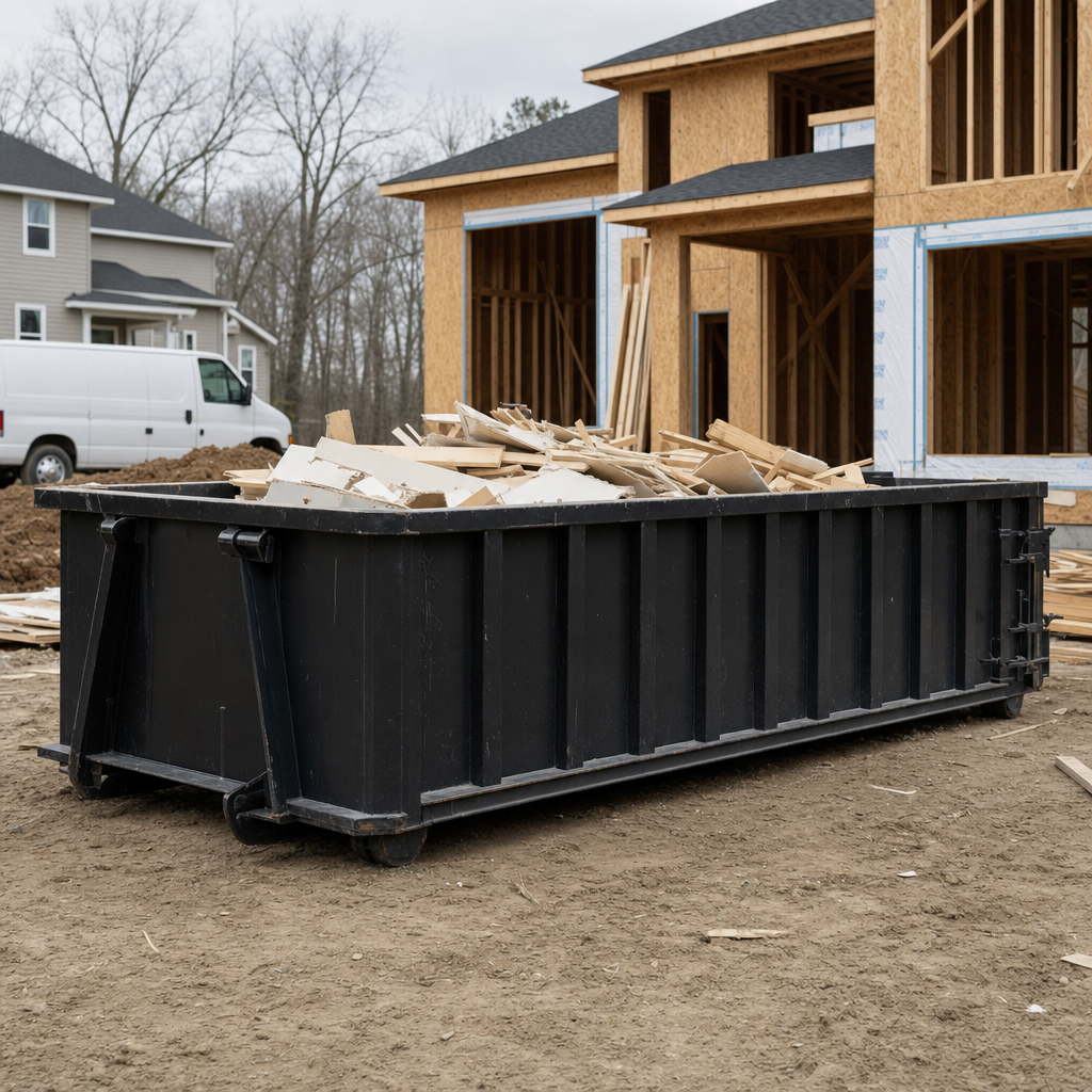 Worker in a yellow high-visibility vest tossing framing lumber and broken drywall into a matte-black 30-yard construction roll-off dumpster on an active build site in Pepperell, bright daylight