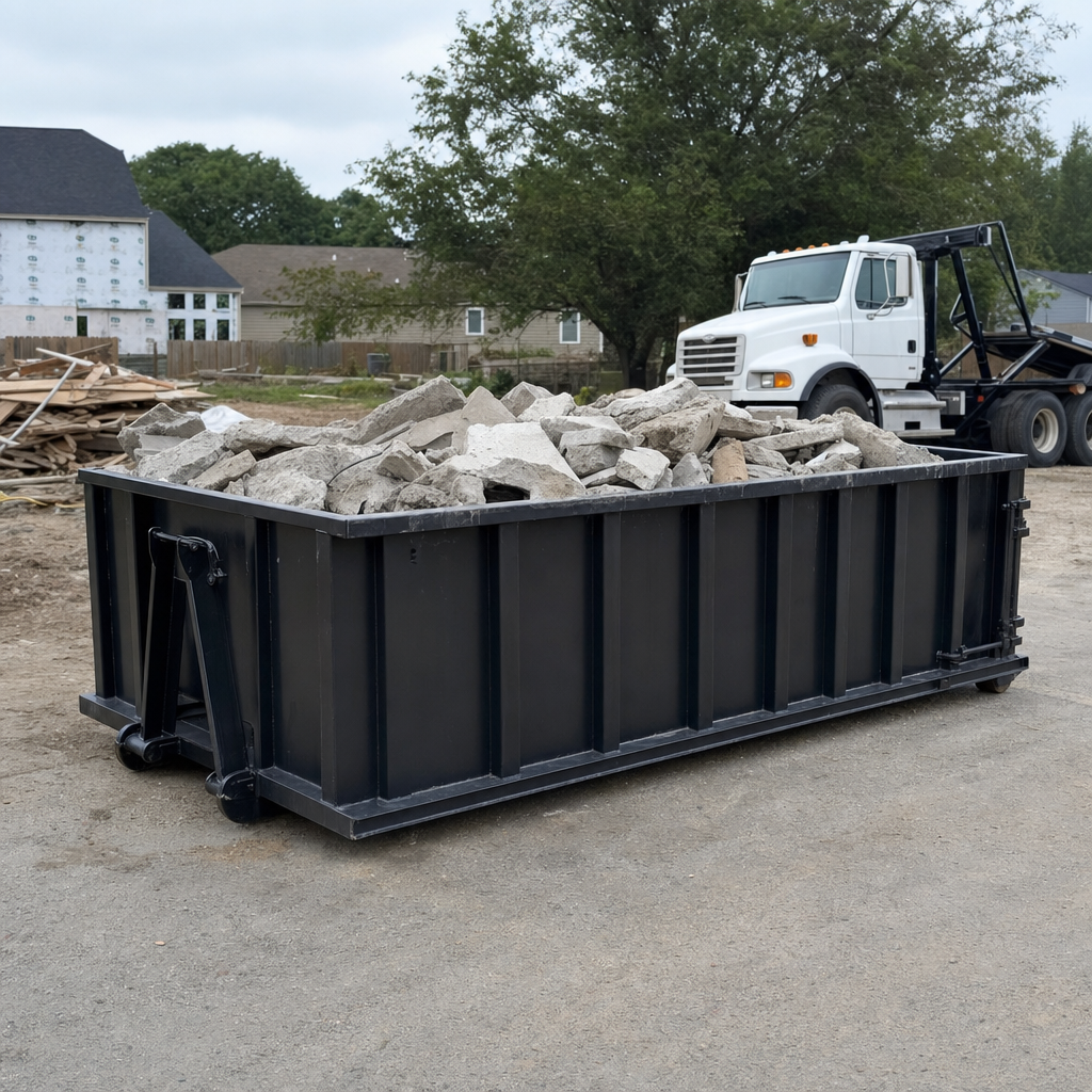 Low-profile matte-black lowboy roll-off dumpster loaded with broken concrete slab and rebar at a foundation tear-out in Pepperell, skid steer parked beside it, sunny Colorado morning
