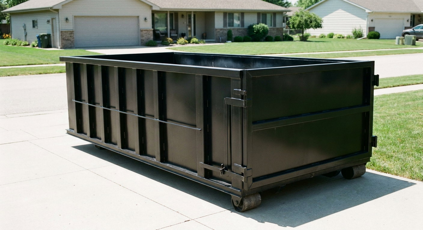 Matte-black 10-yard roll-off dumpster on a residential concrete driveway in Pepperell, uniformly painted matte black across every panel and rail, ribbed steel sidewalls and rear swing door visible, mid-day daylight.