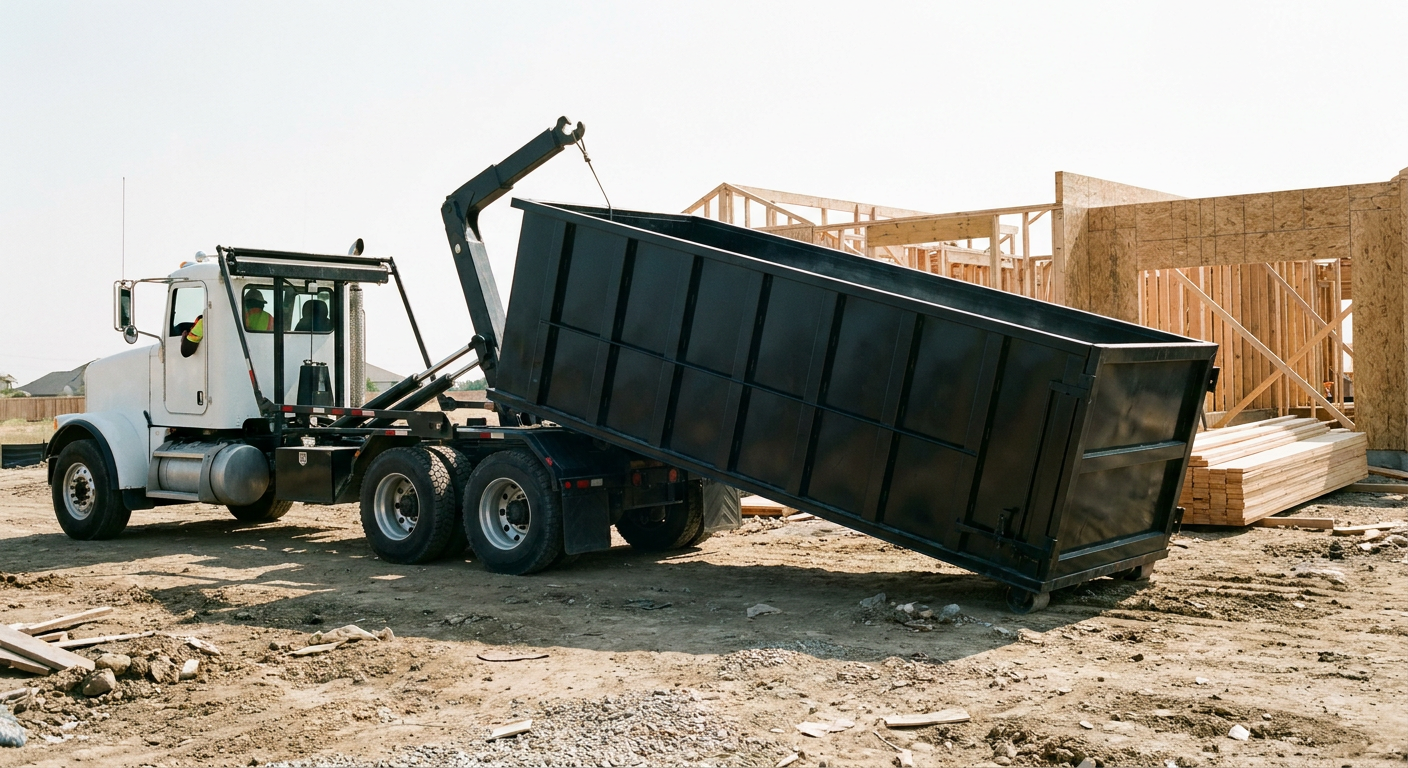 Matte-black roll-off dumpster being delivered onto a clean residential concrete driveway in Pepperell by an unmarked white hooklift hauler truck, bright morning daylight, documentary 35mm perspective.