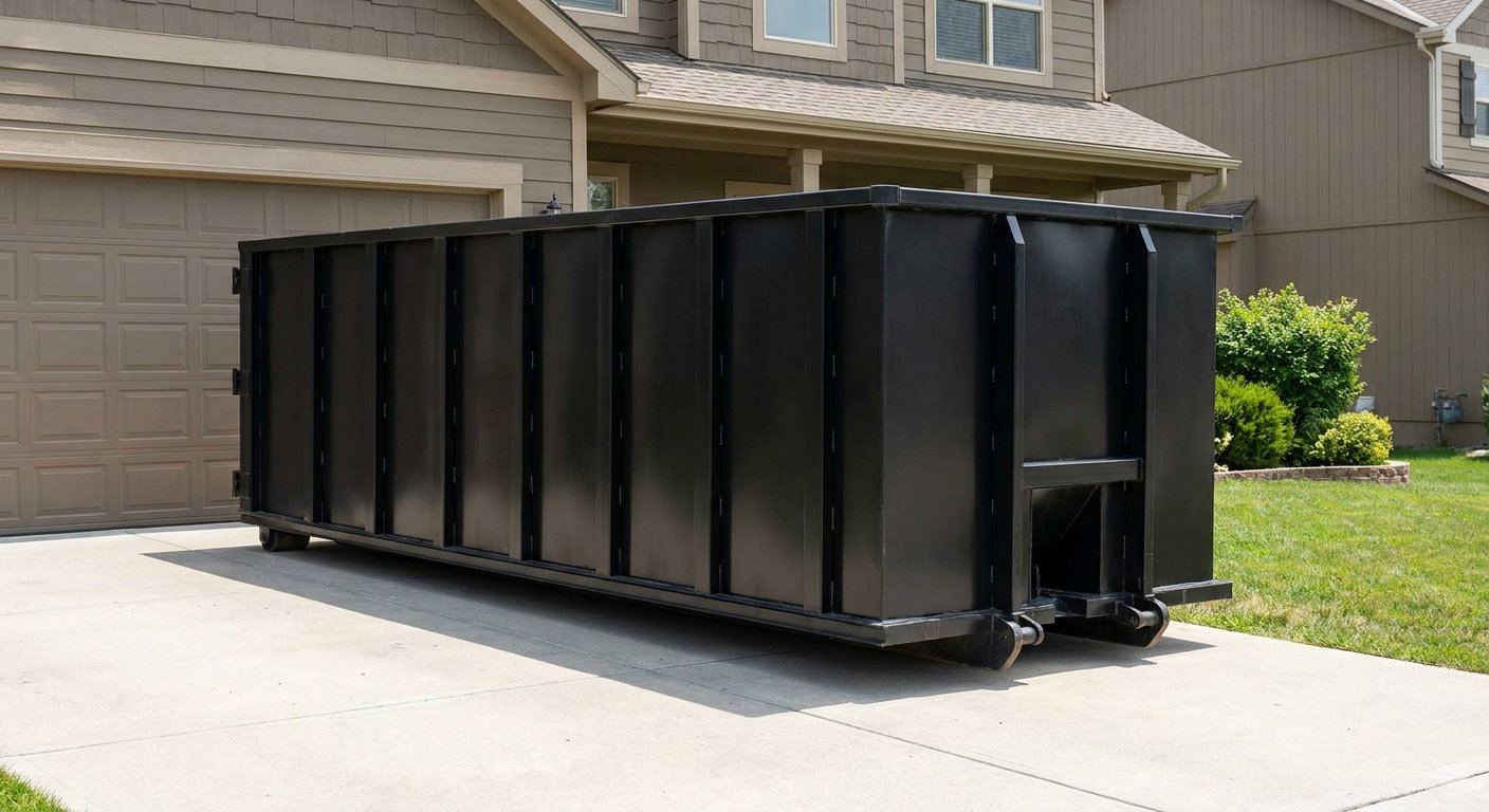 Matte-black residential roll-off dumpster sitting directly on a suburban Pepperell concrete driveway, garage door closed, single-family home in background, bright morning daylight.
