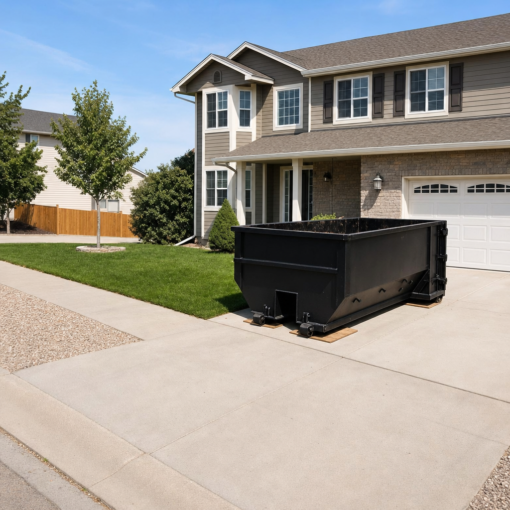 10-yard matte-black residential dumpster placed directly on a narrow Pepperell concrete driveway, room remains for a parked sedan beside it, mid-morning natural light