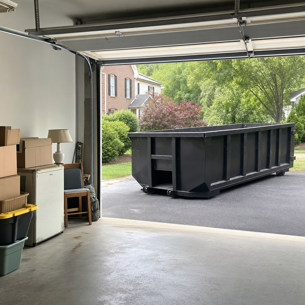 Open garage interior in a Pepperell home mid-cleanout — boxed items, an old appliance, and stacked yard tools queued near the driveway for a matte-black roll-off dumpster, organized and calm