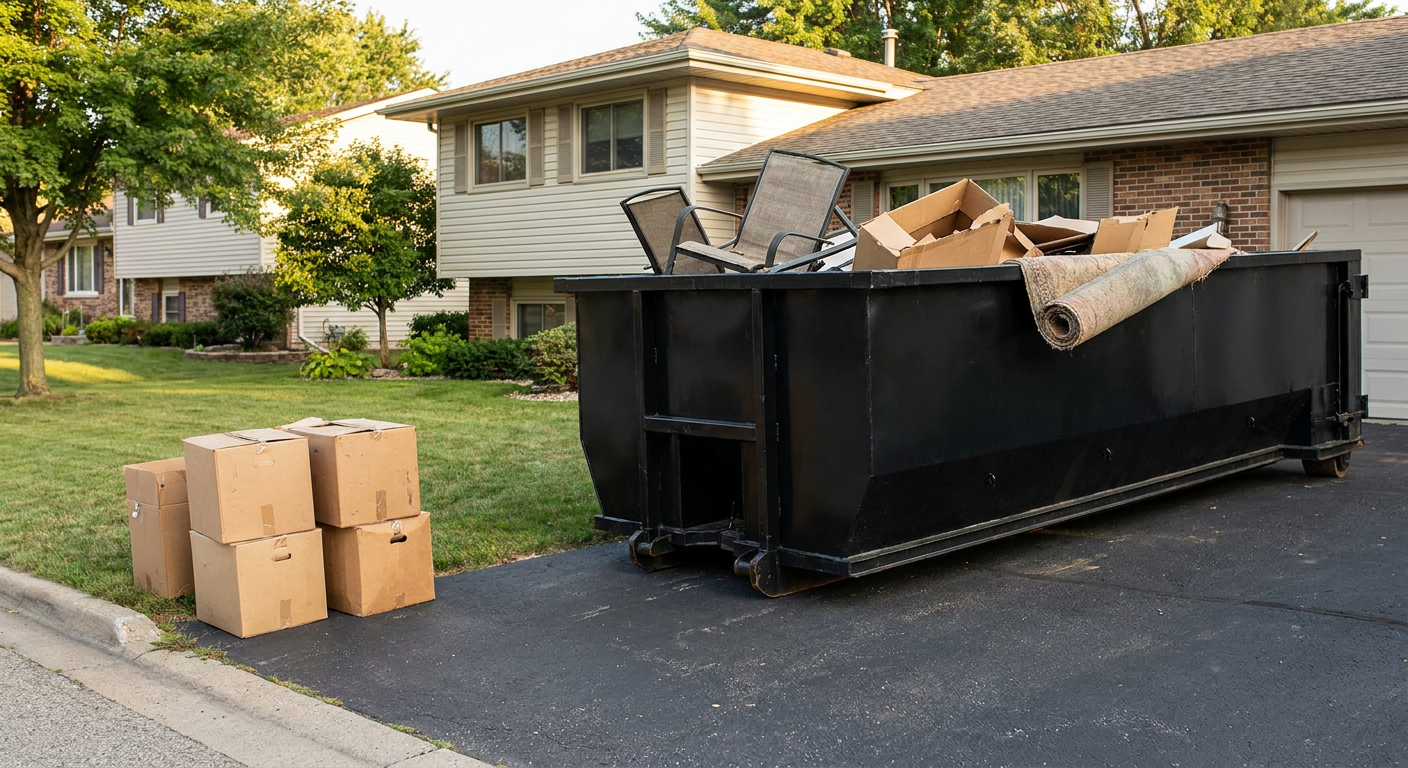 Front-yard view of a Pepperell split-level home with a 20-yard matte-black roll-off dumpster sitting directly on the asphalt driveway, a few clearly labeled donation boxes staged at the curb, calm sunny afternoon.