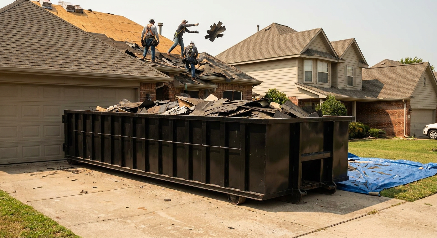 Matte-black roofing roll-off dumpster placed directly on a Pepperell residential concrete driveway, a tear-off crew on a two-story asphalt-shingle roof tossing shingle bundles into the low-walled container, bright daylight, documentary 35mm perspective.