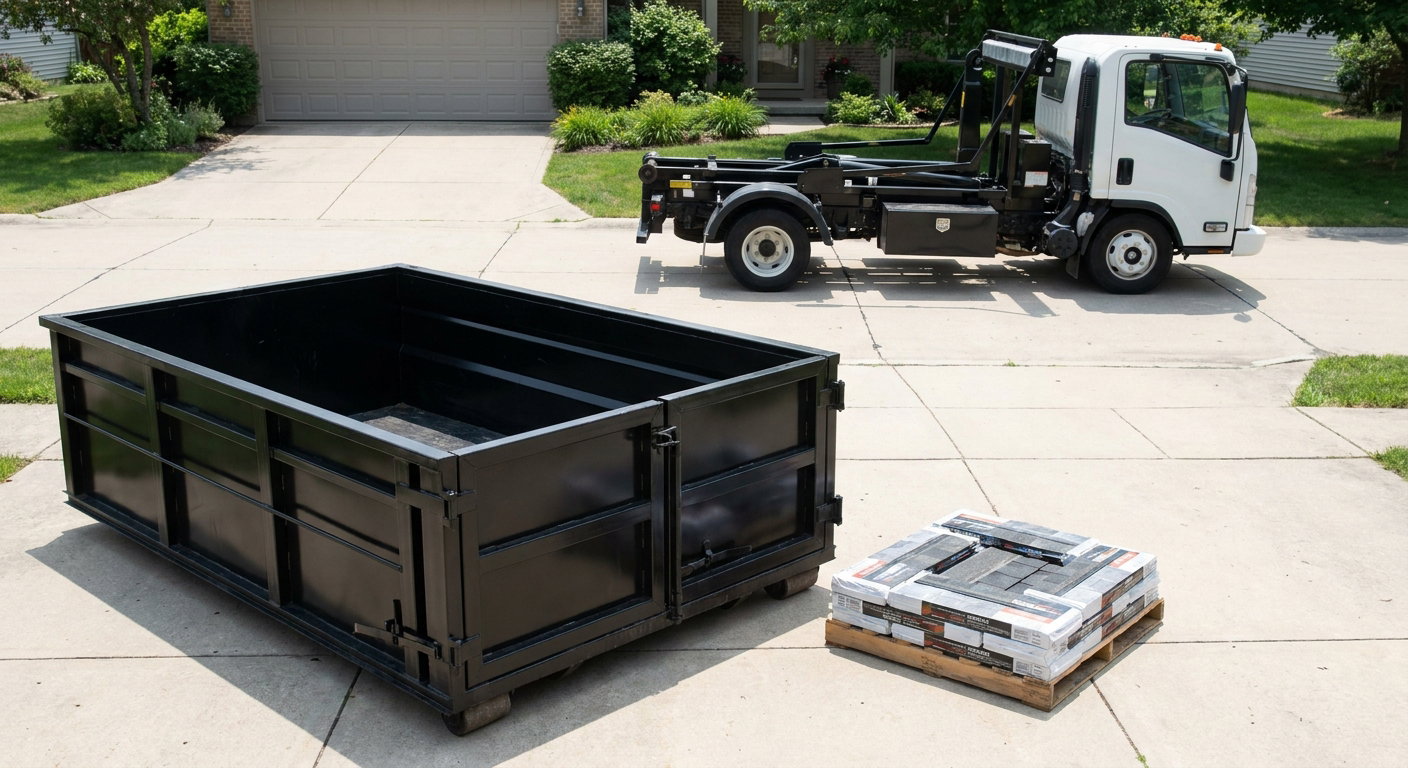 Matte-black 15-yard roofing roll-off dumpster with reinforced low side walls sitting directly on a Pepperell residential concrete driveway, three-tab asphalt shingle bundles stacked nearby, an unmarked white hauler truck partially visible at the edge of the frame.