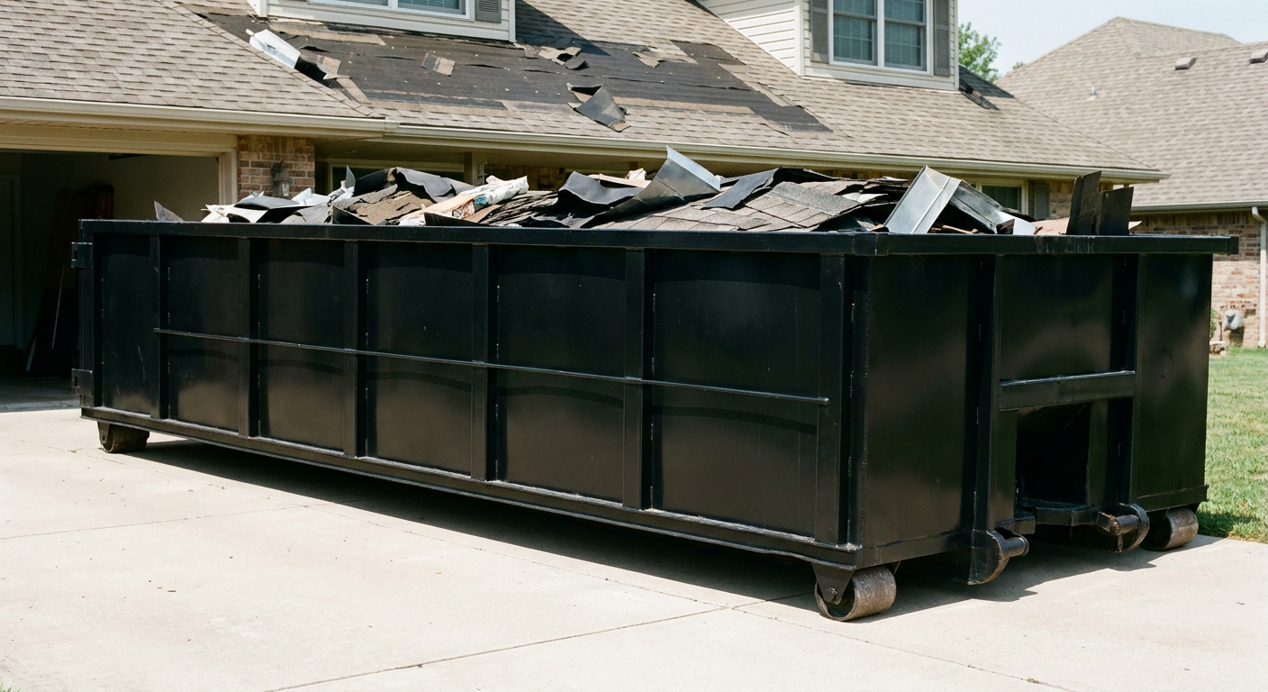Matte-black 20-yard roofing roll-off dumpster with steel ribbed sides and swinging rear door, sitting directly on the concrete driveway of a two-story Pepperell home, asphalt shingle debris being loaded over the low wall, clean documentary lighting.
