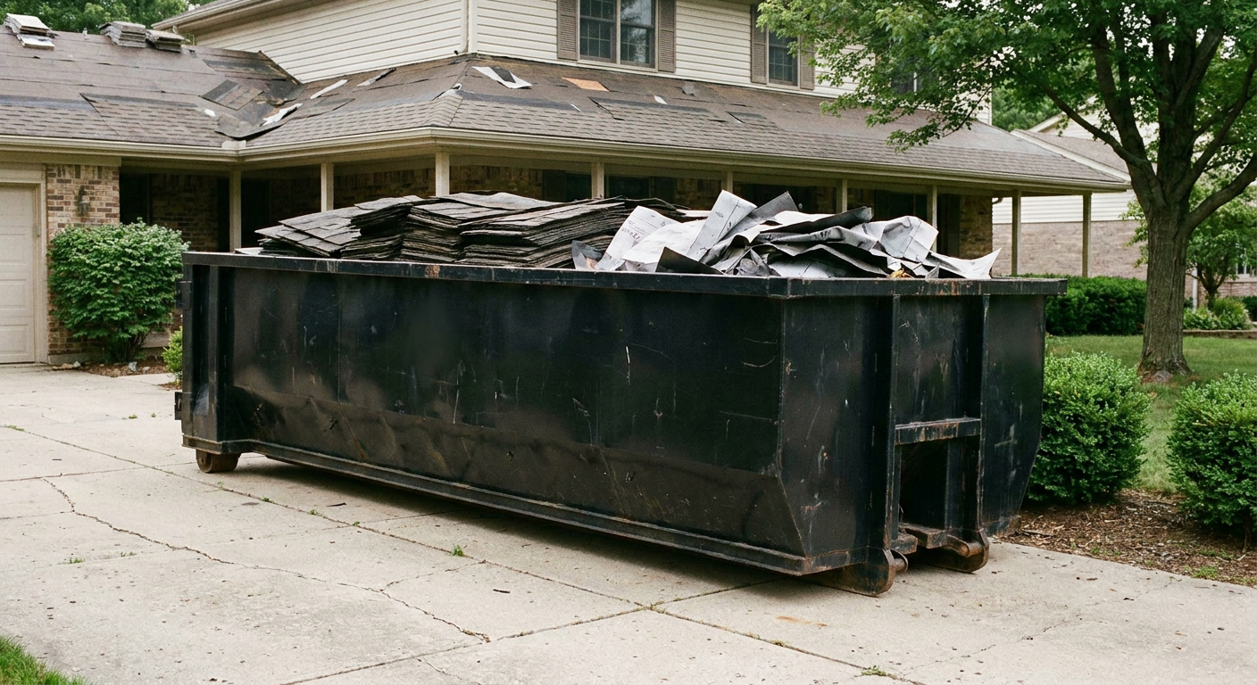 Matte-black 30-yard roofing roll-off dumpster sitting directly on a Pepperell concrete driveway, taller ribbed steel side panels, mixed tear-off debris of asphalt shingles and underlayment inside, professional documentary daylight.