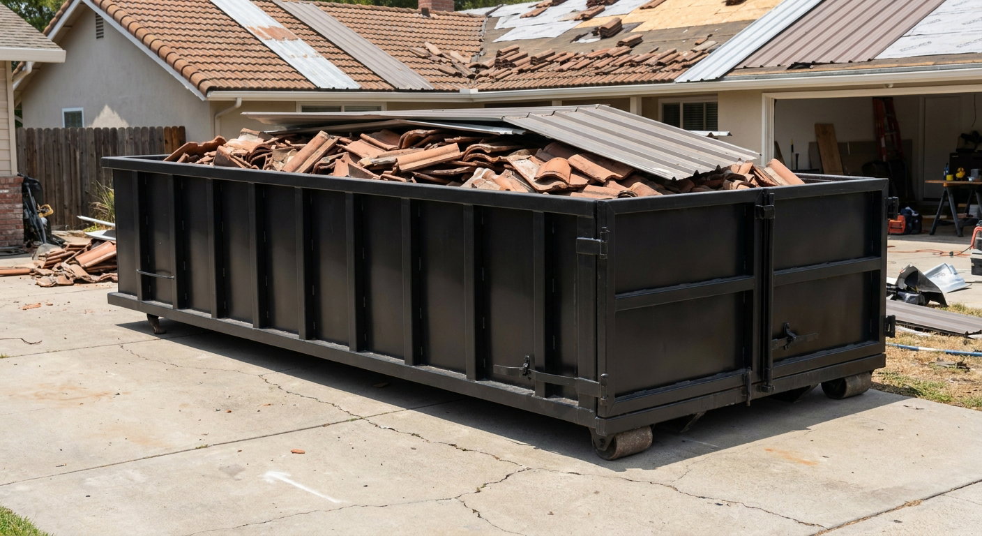 Matte-black low-wall heavy-debris roofing roll-off dumpster sitting directly on a Pepperell concrete driveway, broken concrete clay roof tiles and metal panel sections loaded inside, reinforced ribbed steel side walls visible, bright outdoor daylight.