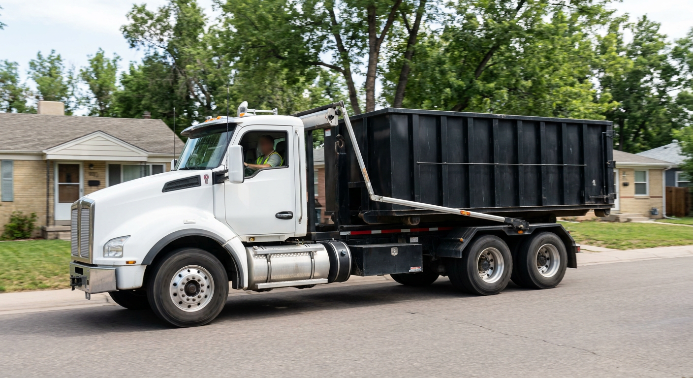 A wide documentary shot of a matte-black roll-off delivery truck pulling onto a quiet Pepperell residential street at mid-morning, with neighborhood rooftops and tree-lined blocks visible behind, showing the metro coverage footprint.