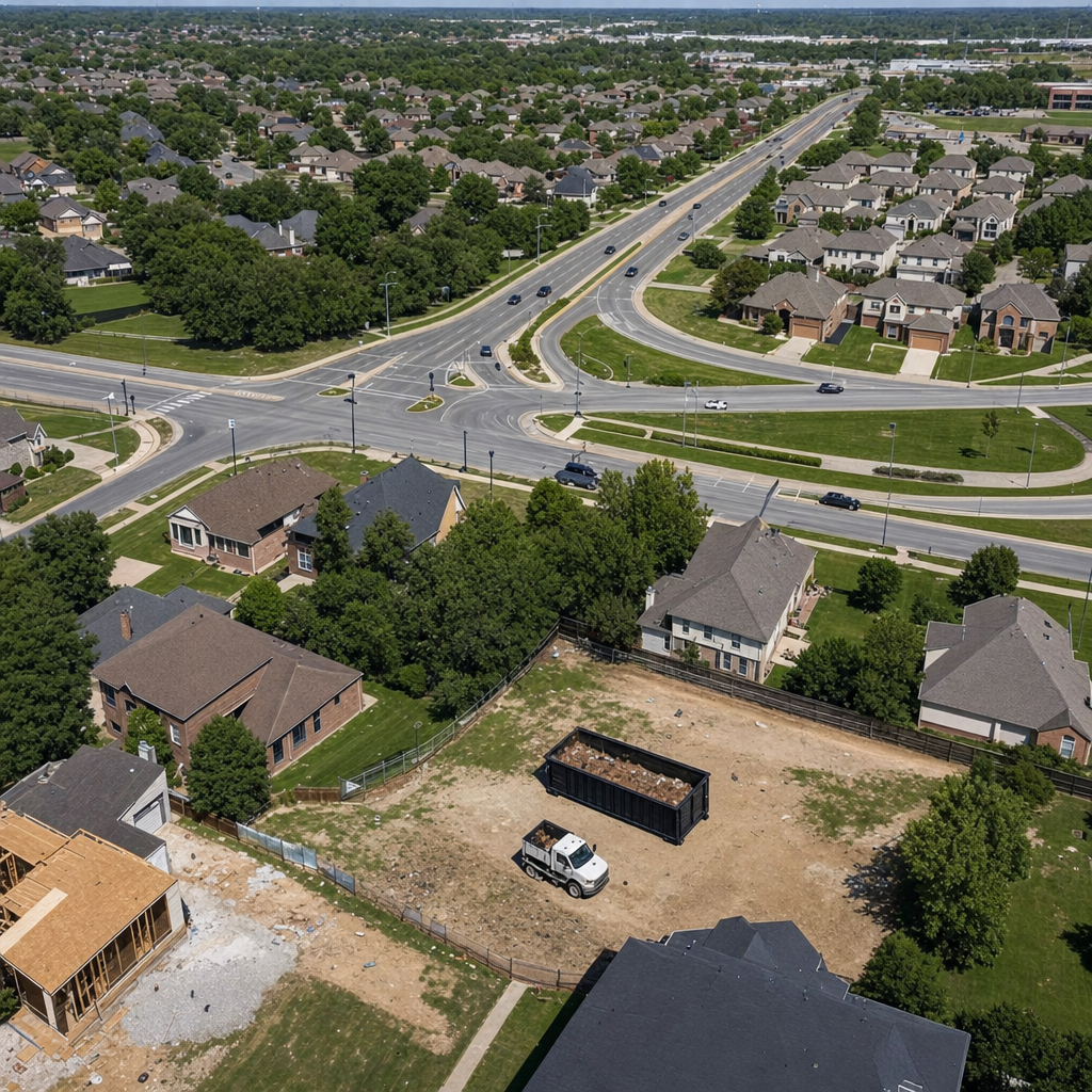 An overhead documentary view of the Pepperell metro area at midday, showing the spread of neighborhoods, arterial roads, and the dispatch radius from a central yard — clean daylight, organized geographic layout.