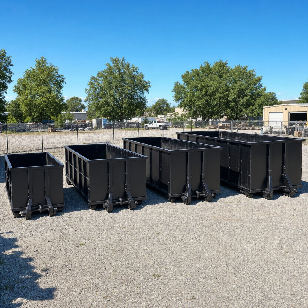 A clean lineup of matte-black roll-off dumpsters in 10, 20, 30, and 40-yard sizes staged on a sunlit gravel yard in Pepperell, showing the size progression from compact to commercial-scale containers.