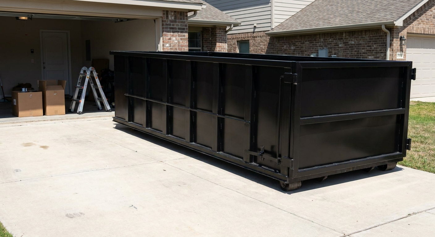 A matte-black 10-yard roll-off dumpster sitting directly on a residential Pepperell concrete driveway, mid-day sunlight, clean and ready for a garage cleanout.