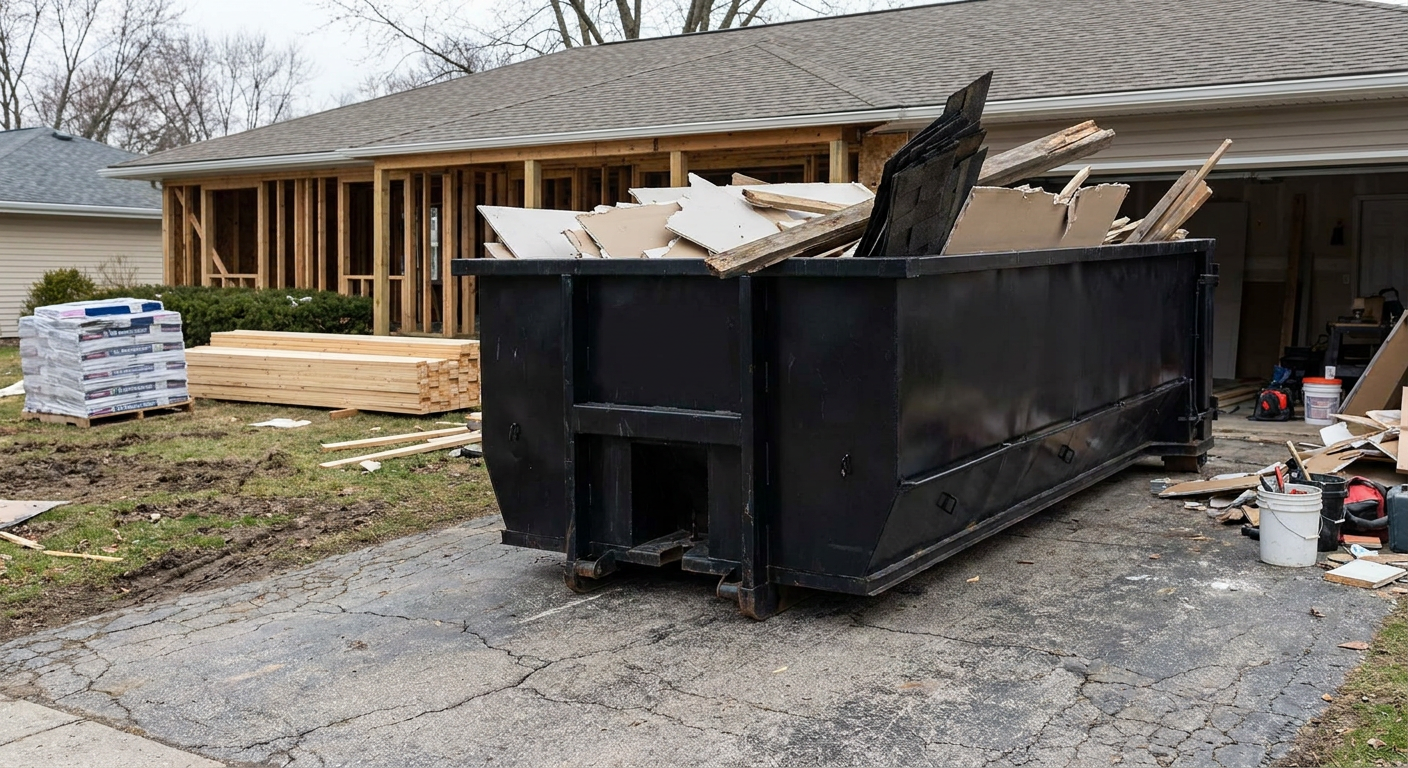 A matte-black 20-yard roll-off dumpster placed alongside a mid-renovation Pepperell home directly on the asphalt driveway, with framing materials and torn-off shingles staged neatly nearby.