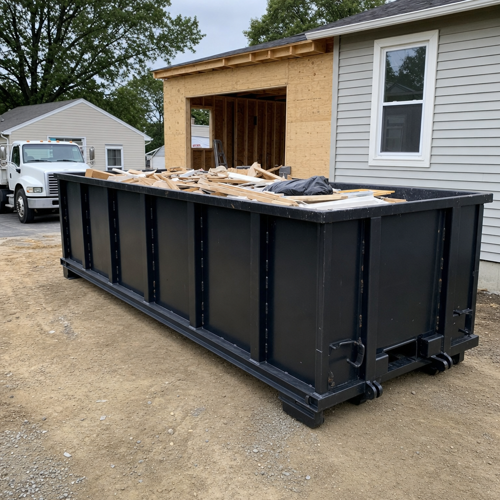A matte-black 30-yard roll-off dumpster positioned at a Pepperell residential addition jobsite, with framing lumber and drywall scraps loaded through the open swinging rear doors.