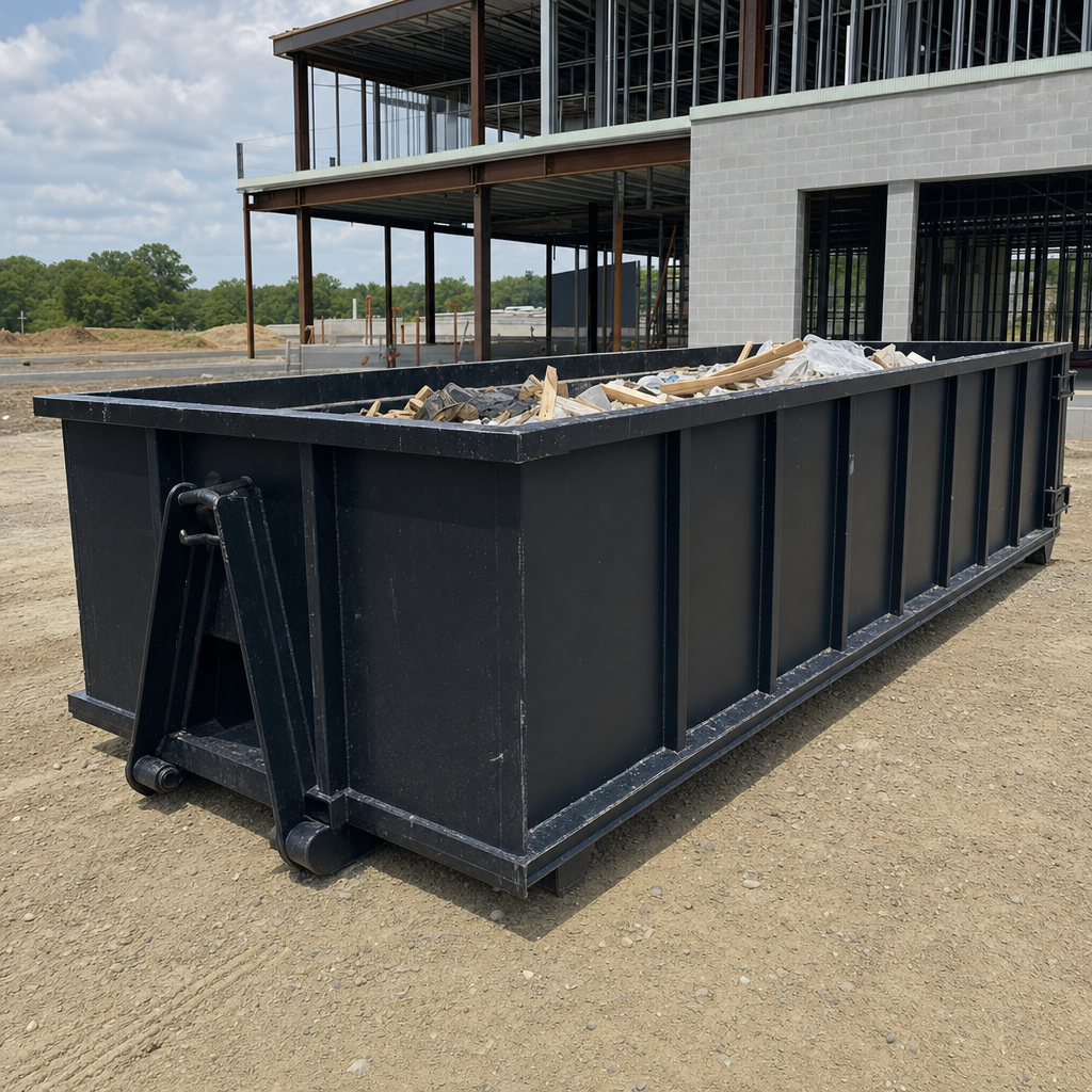 A matte-black 40-yard roll-off dumpster staged on a large Pepperell commercial construction lot, with a hooklift delivery truck parked alongside under bright midday sky.