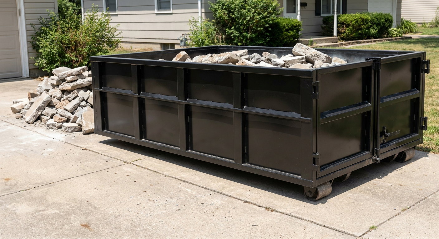 A matte-black low-side heavy-debris roll-off dumpster placed directly on a Pepperell concrete driveway, with broken concrete chunks neatly stacked beside it under clean daylight.